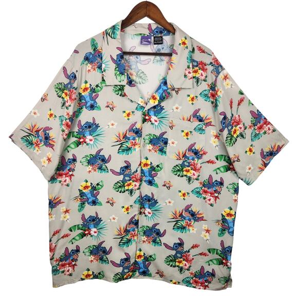 Disney Stitch Shirt Mens XXL Beige Floral Hawaiian Button Up Rayon Short Slv EUC - Picture 1 of 11